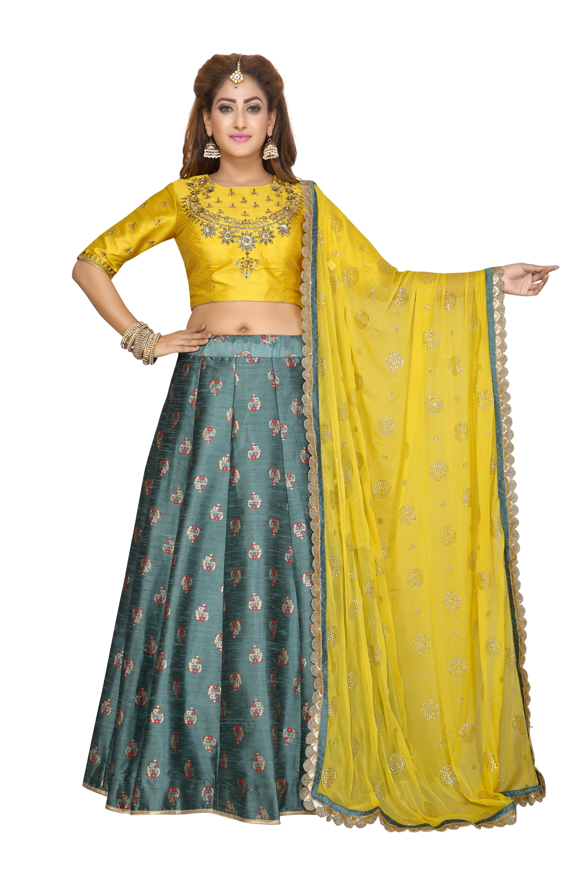 yellow and green bridal lehenga
